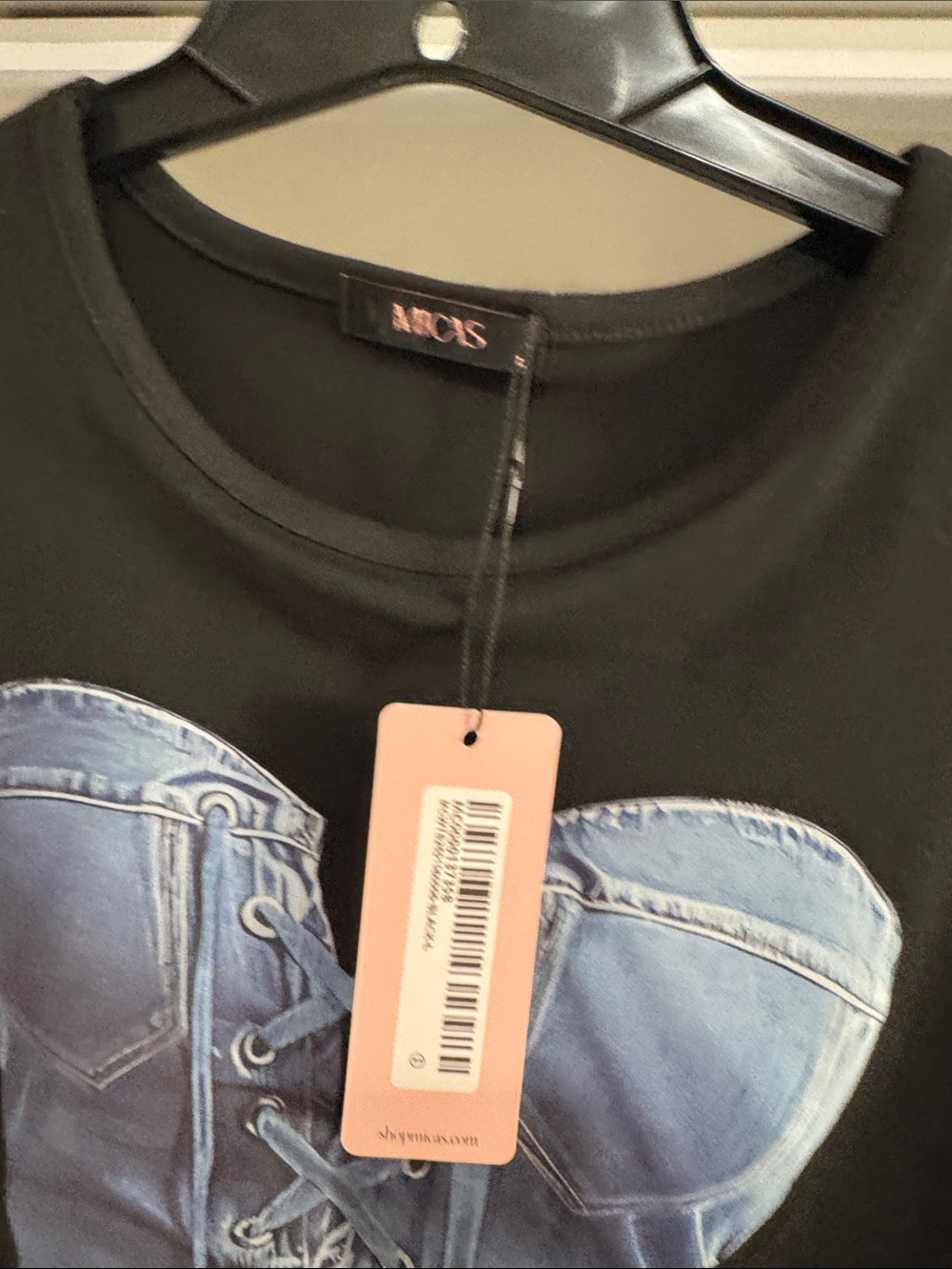 AMO Black Crop Tee with Denim Corset Print - Picture 2 of 3